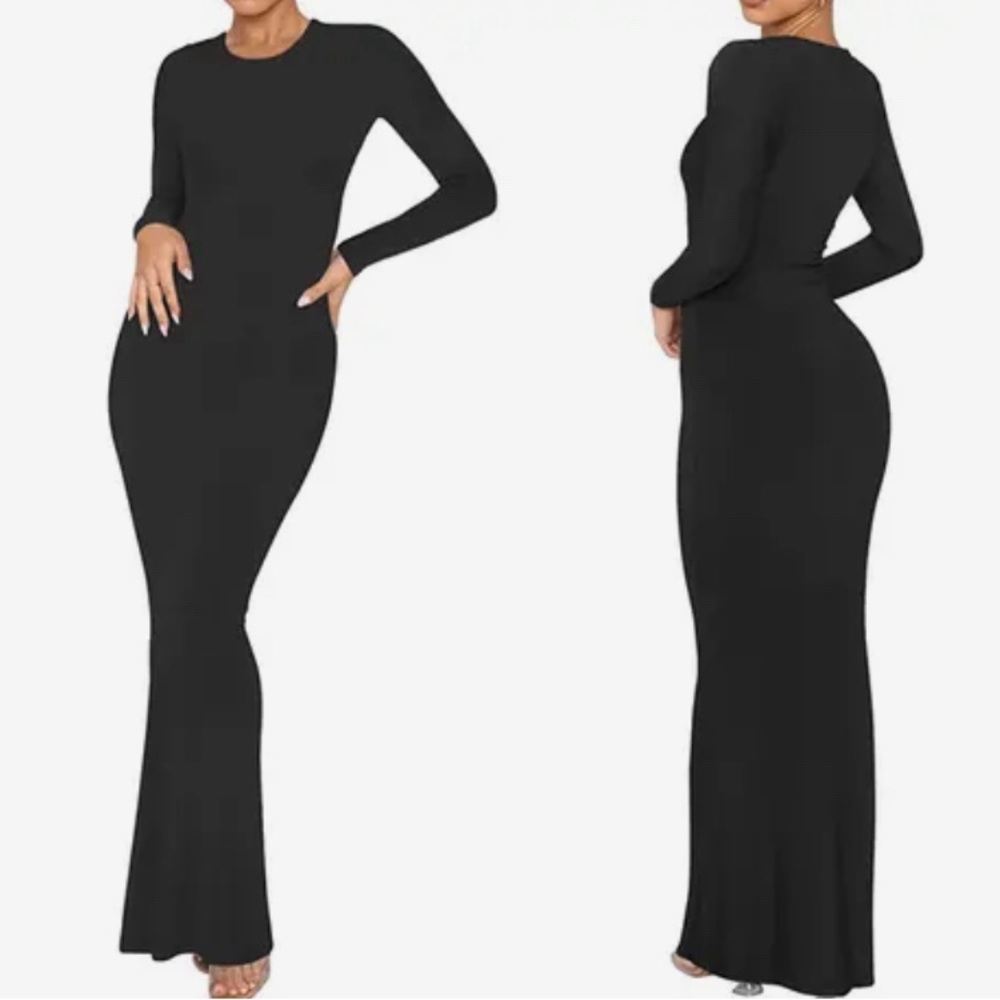 Bodycon Maxi‎ Dress Slim Fit in Black Plain, Slight Stretch in Small